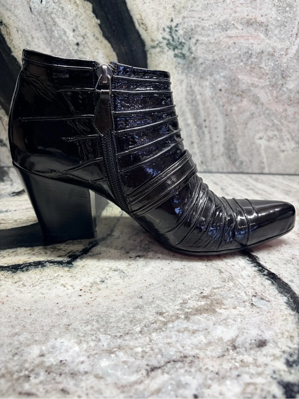 Silvano Lattanzi Black Patent Leather Buckle Ankle Boots Heels Size 38 Italy